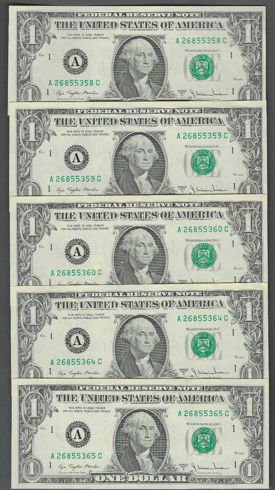 (5) Semi-Sequential INK SMEAR ERRORS 1977A $1 UNC BOSTON Federal Reserve Notes