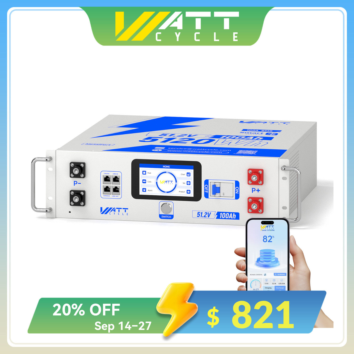 WattCycle 5120Wh 48V 100Ah LiFePO4 Lithium Battery Server Rack Battery Backup