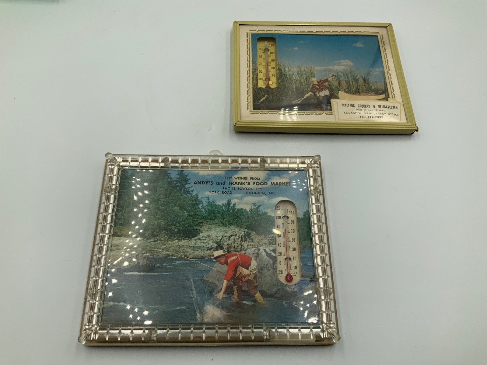 VTG 1940's Advertising Thermometers Fly Fishing theme framed 4X5 & 4.5x5.5 in. VTG 1940's Advertising Thermometers Fly Fishing theme framed 4X5 & 4.5x5.5 in.