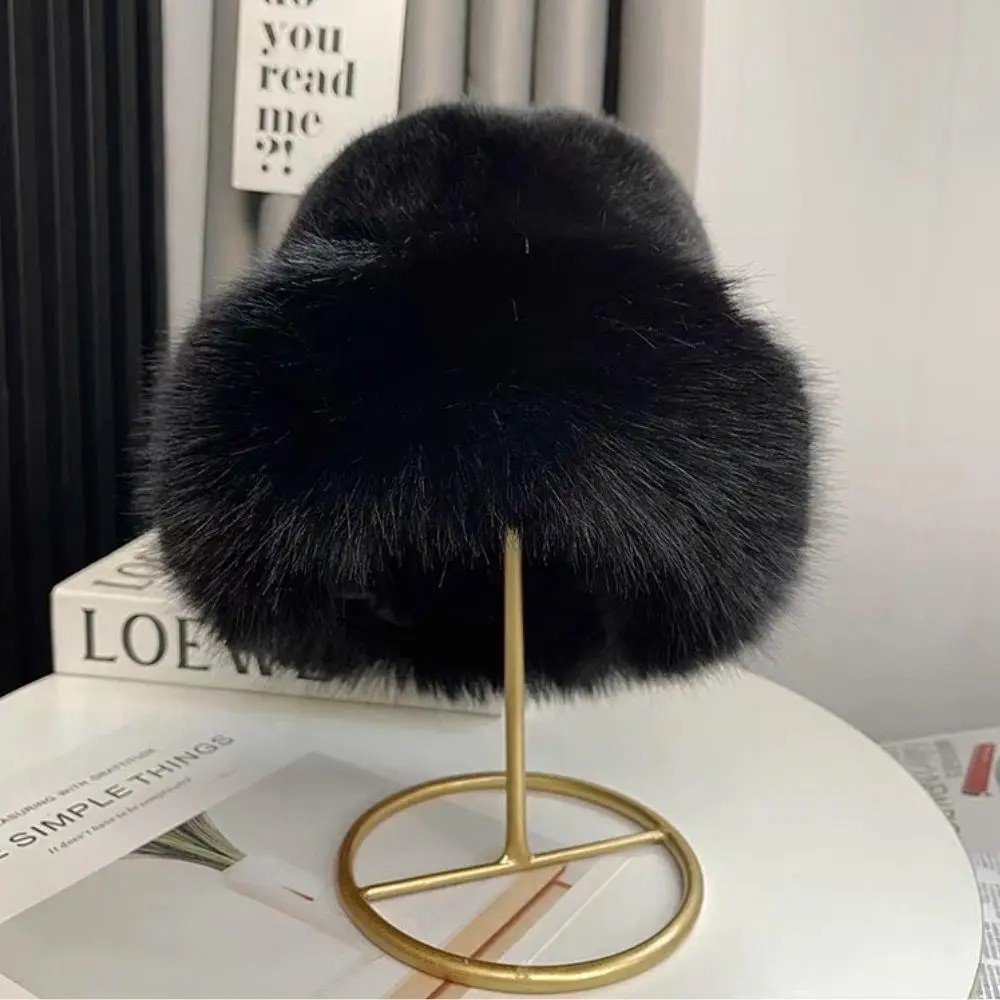 New Women Super Fluffy Faux Fur Bucket Hat Thick Warm Winter Cold Weather Hat