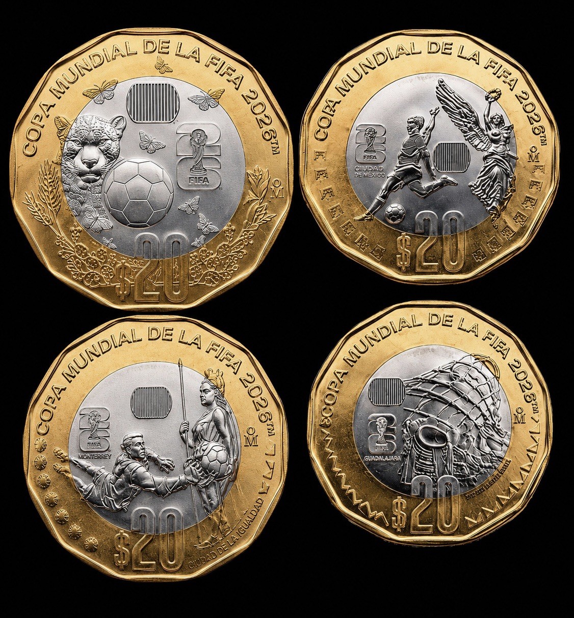 Full Set Mexico $20 Pesos (4 Coin Set) 2026 FIFA World Cup, Soccer Mundial Full Set Mexico $20 Pesos (4 Coin Set) 2026 FIFA World Cup, Soccer Mundial