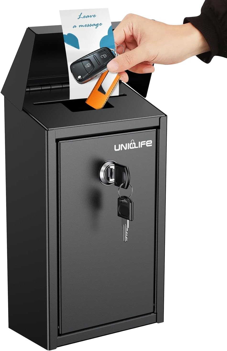Black Metal Locking Donation Box Wall Mount Mail Cash Drop Box Safe New Black Metal Locking Donation Box Wall Mount Mail Cash Drop Box Safe New