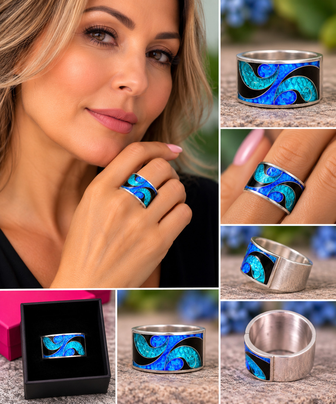 925 Sterling Silver Minankari Enamel Ring Blue Black Handmade Georgia Size 10