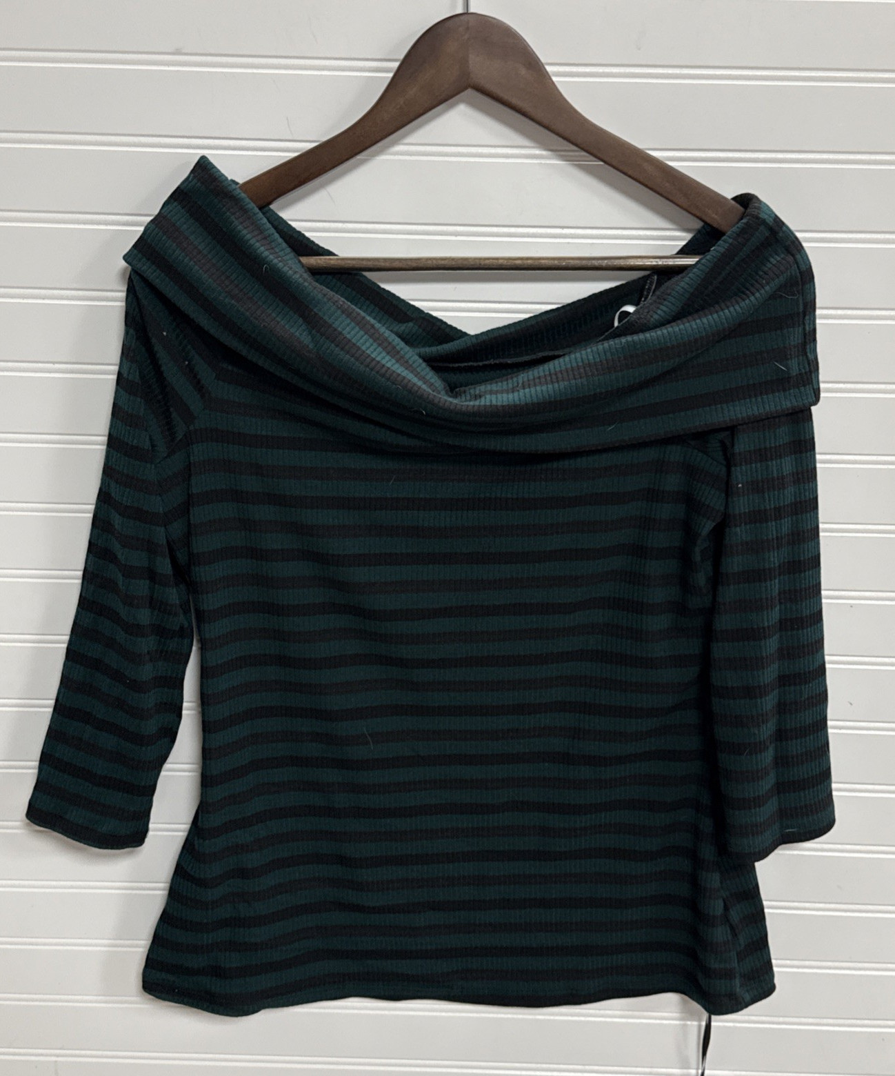 Unique Vintage Nina Teal Black Stripe Long Sleeve Stretch Blouse Womens XL NWT