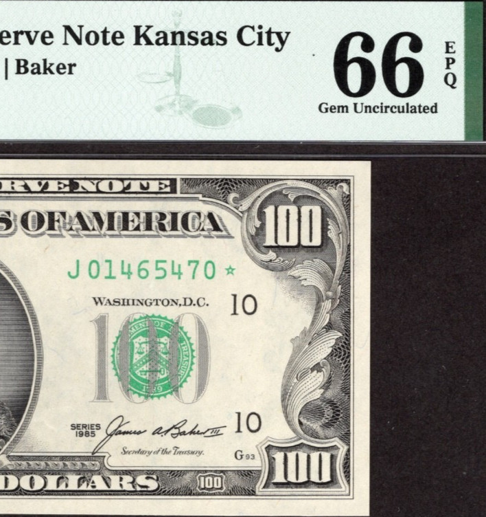 1985 $100 KANSAS CITY * STAR * ⭐️ FRN. PMG GEM Uncirculated 66 EPQ Banknote. 1985 $100 KANSAS CITY * STAR * ⭐️ FRN. PMG GEM Uncirculated 66 EPQ Banknote.