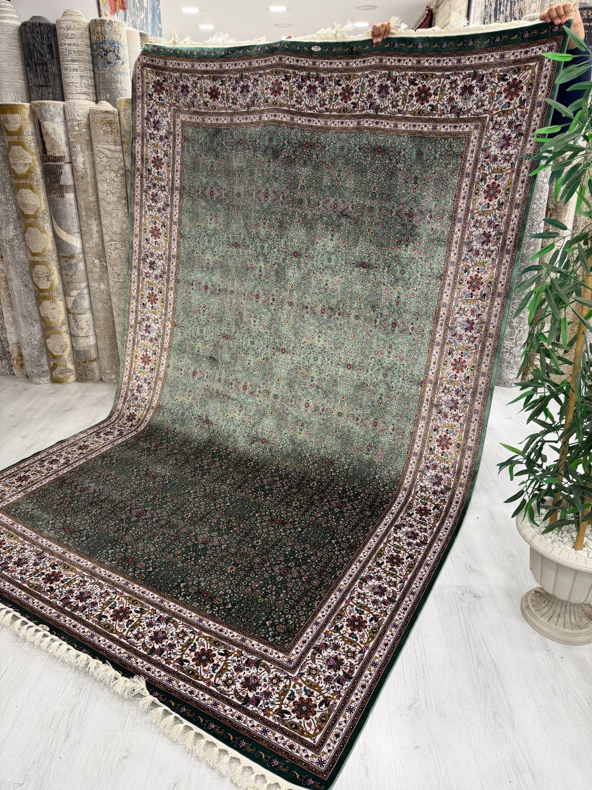 7x10 Silk Area Rug Turkish Style Green Oriental Luxury Handmade Fringe
