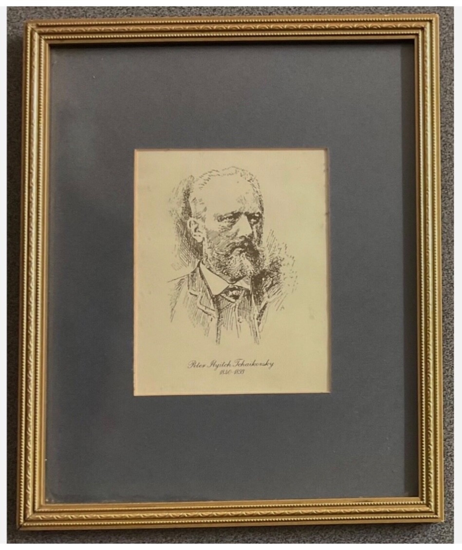 PETER ILYICH TCHAIKOVSKY,1840-1893,RARE 1940s FRAMED SKETCHED PRINT.VGC