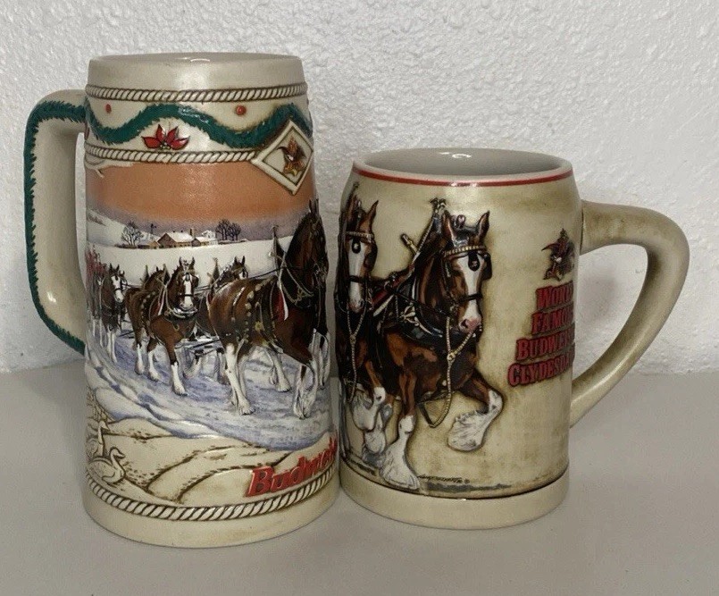 Budweiser Vintage Clydesdales Stein Anheuser-Busch Ceramarte,2 Mugs Excellent Budweiser Vintage Clydesdales Stein Anheuser-Busch Ceramarte,2 Mugs Excellent