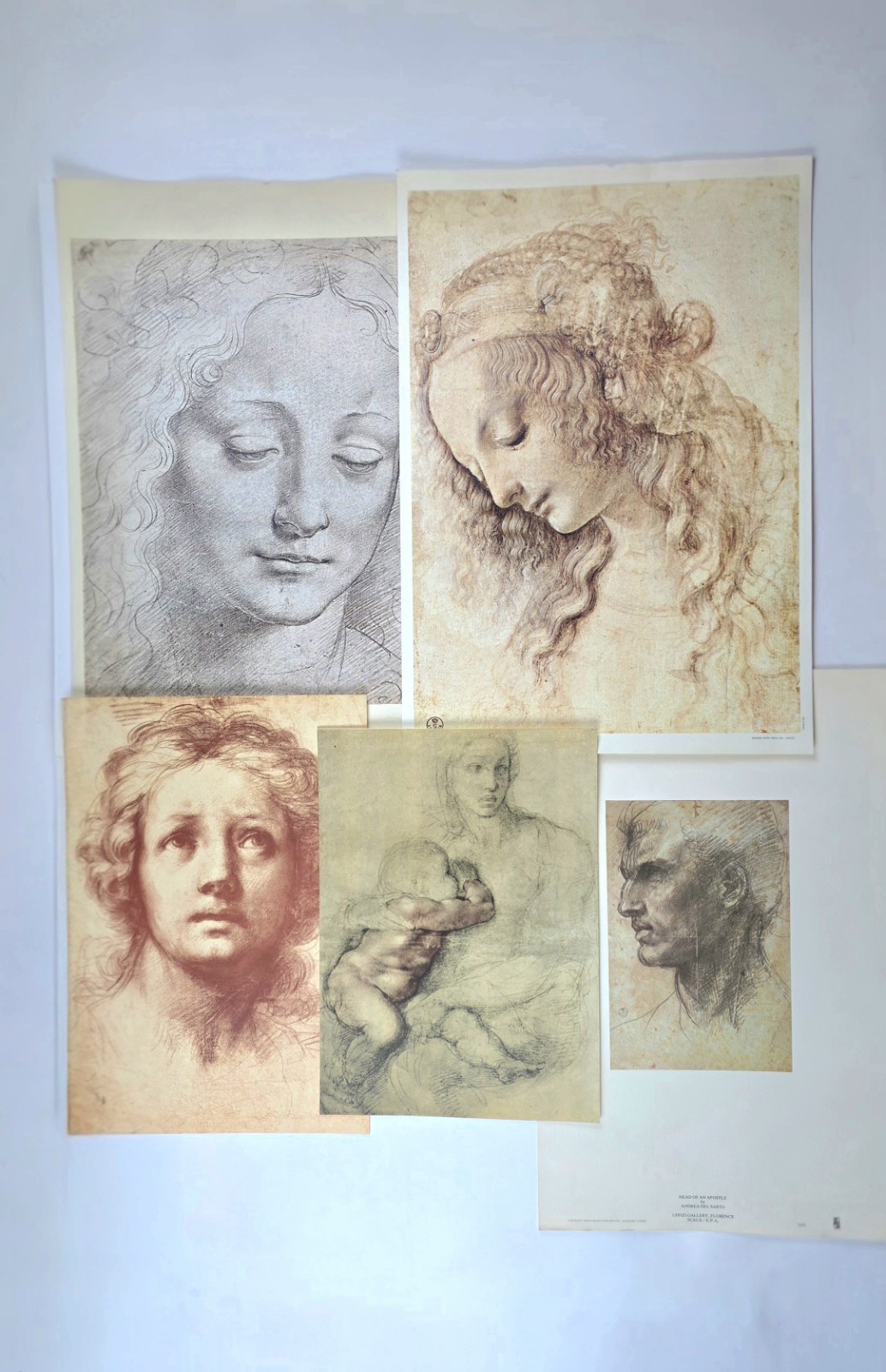 Vintage Old Master Drawings Facsimile Prints Alinari Da Vinci Michelangelo 5 Pcs
