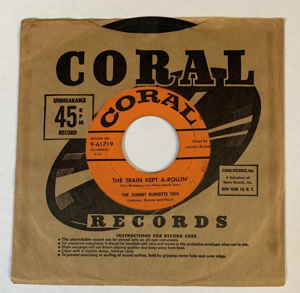 The Johnny Burnette Trio-The Train Kept A-Rollin\'/Honey Hush OG Coral 45 The Johnny Burnette Trio-The Train Kept A-Rollin\'/Honey Hush OG Coral 45