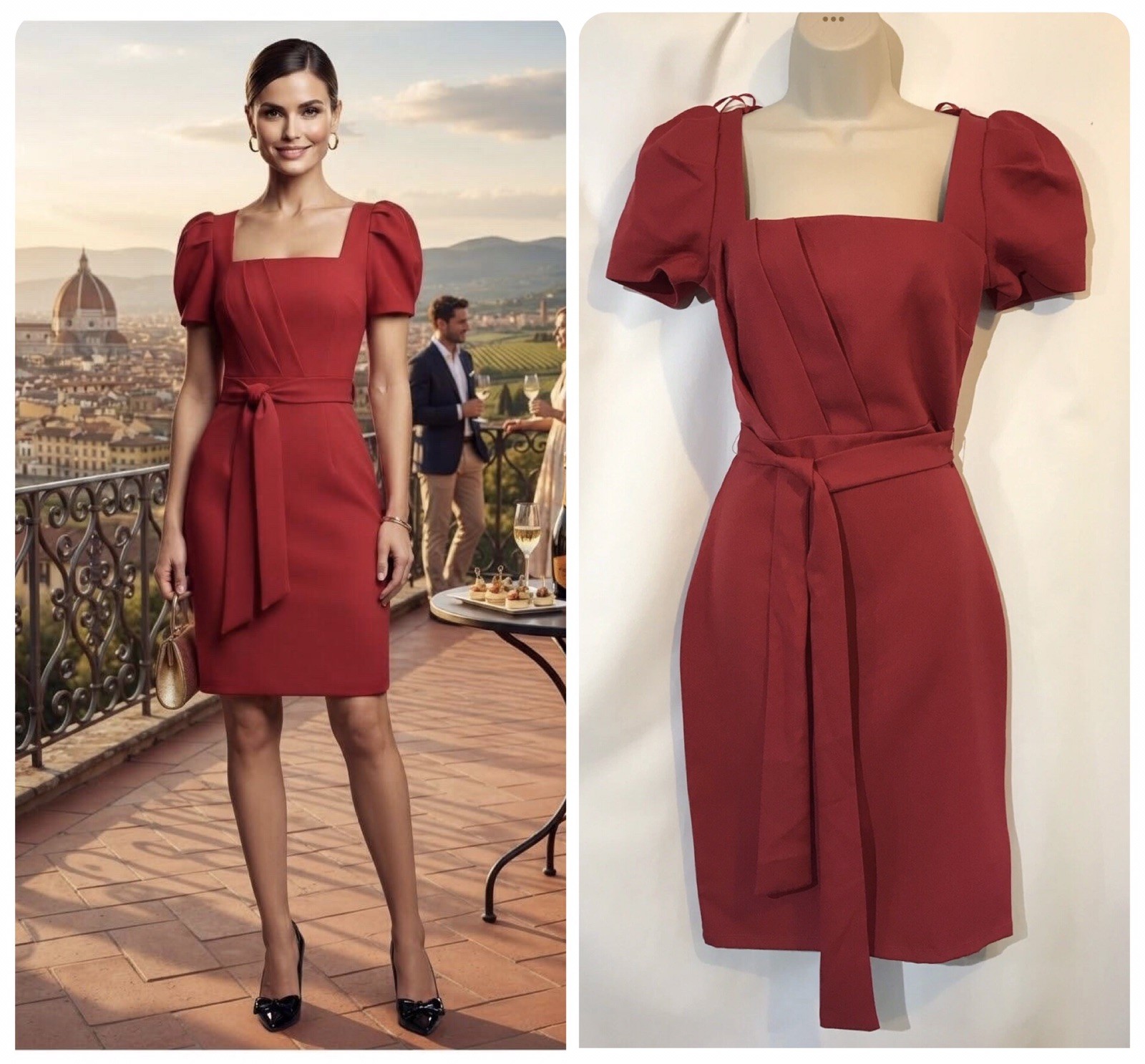 Lipsy Red Dress Size 10 Puff Sleeve Belted Bodycon Pleated Midi Shift New