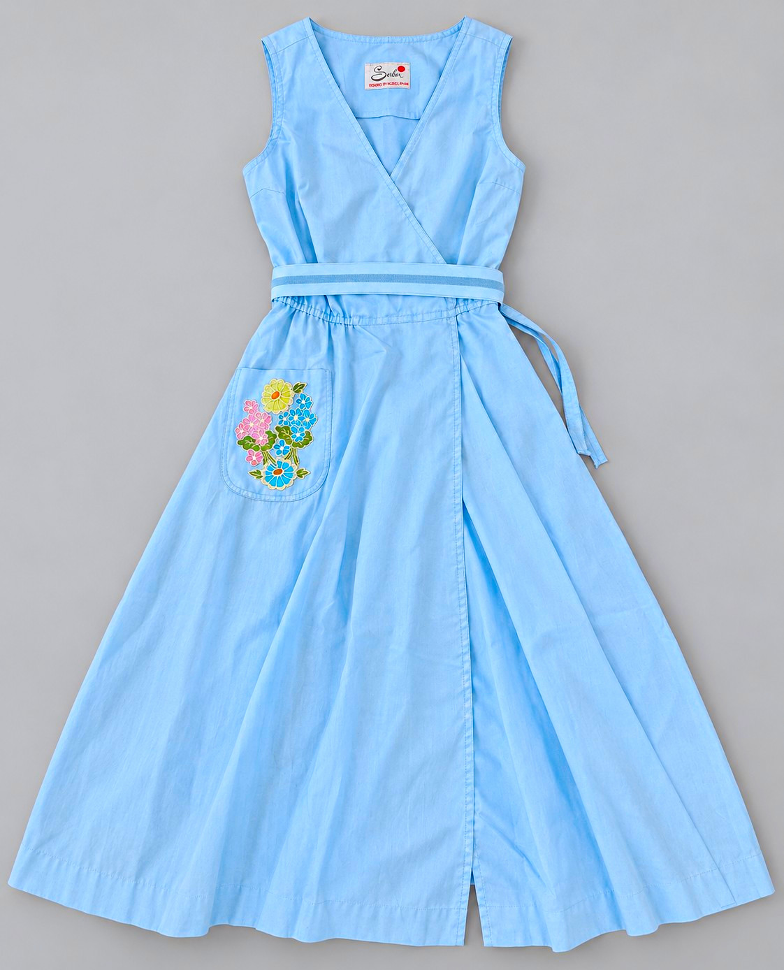 Vintage 60s 70s Serbin Muriel Ryan Blue Wrap Apron Dress Embroidered Pocket