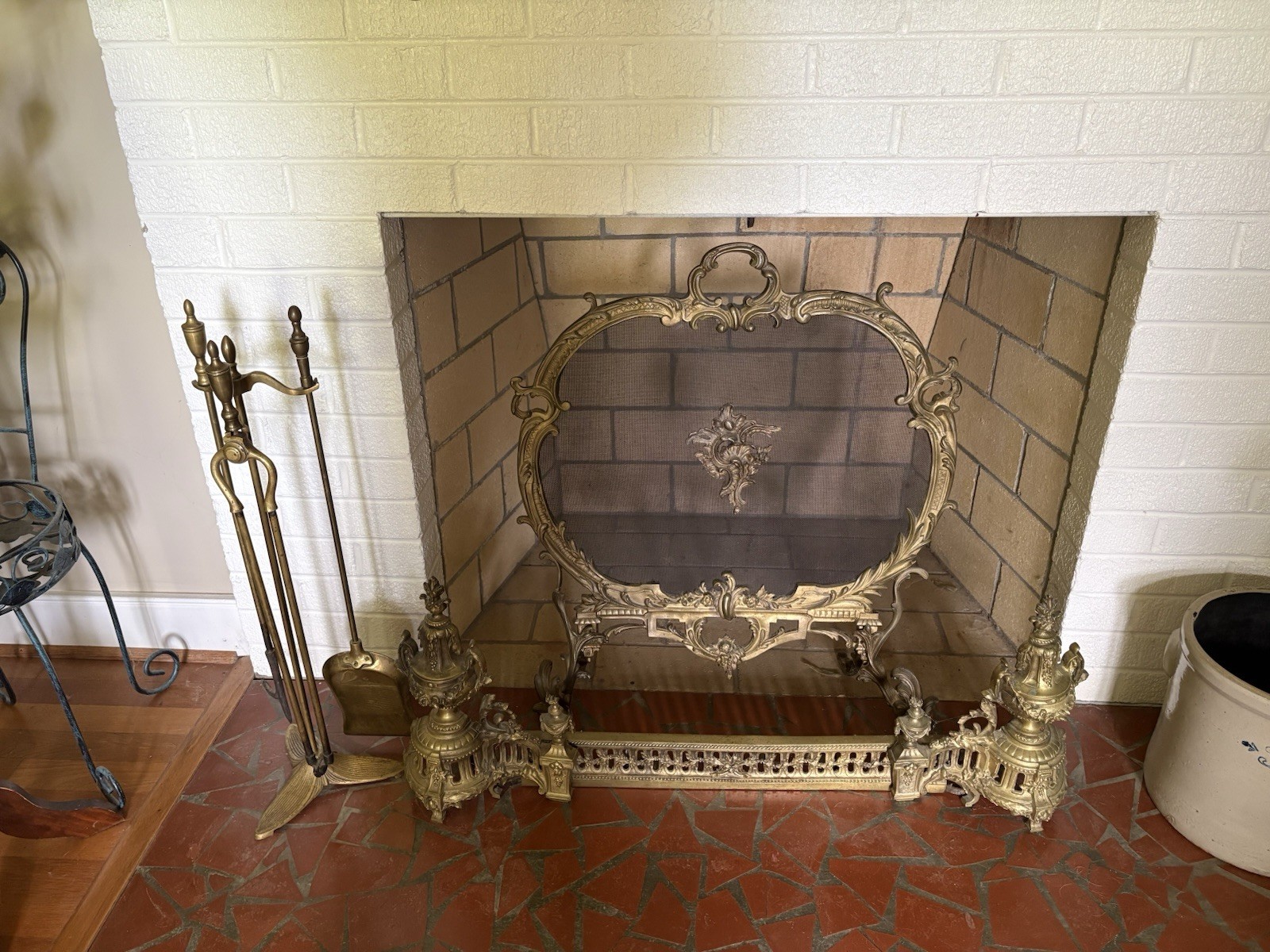 Louis XV Rococo style gilt brass (complete) fireplace set.  