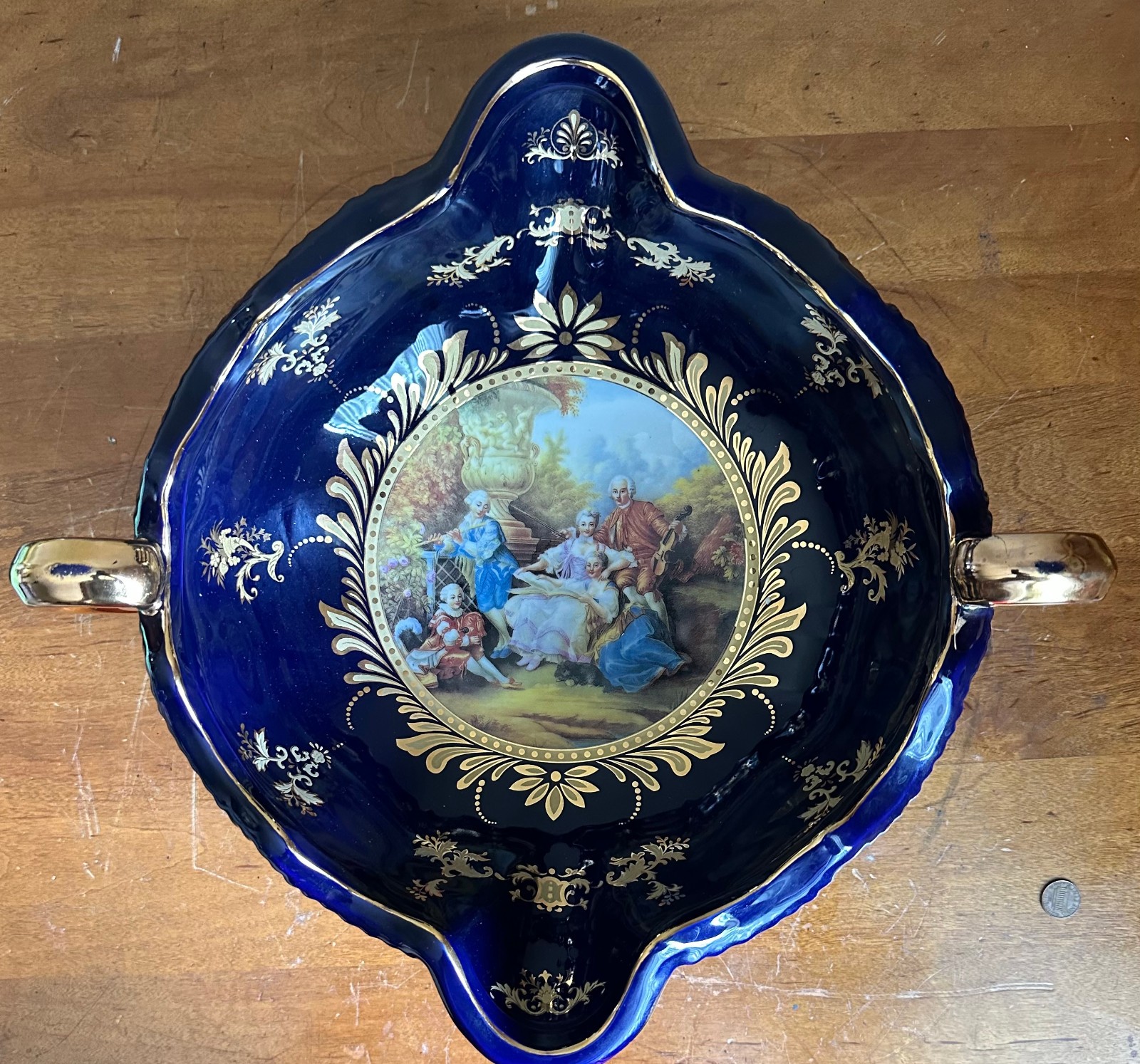 Limoges Porcelain Cobalt Blue & Gold Large Size Bowl w/ 24K Gilded Grand Footed