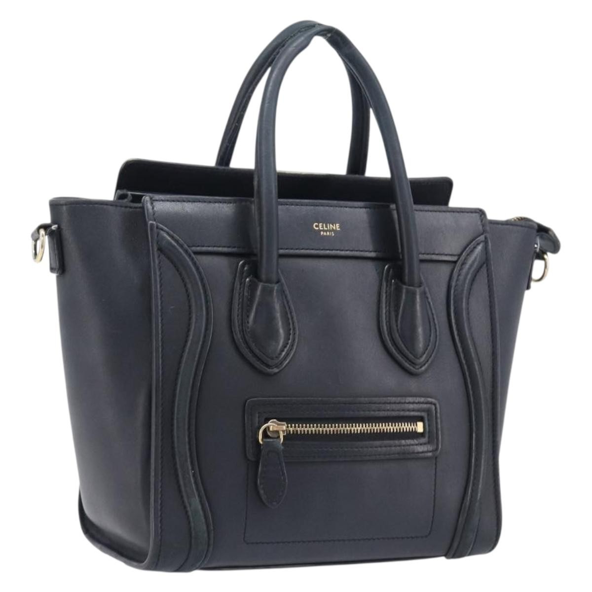 CELINE Luggage Mini Shopper Hand Bag Leather Black Gold Auth 205325