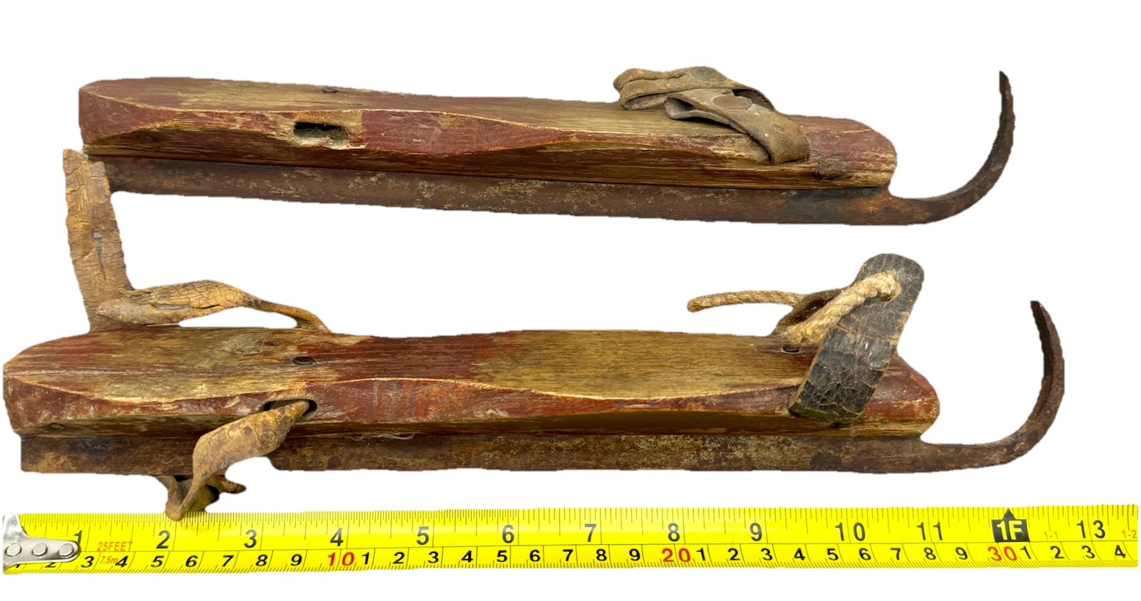 Antique 19thC Folk Art Ice Skates – Hand-Forged File Blades & Wooden Platforms
