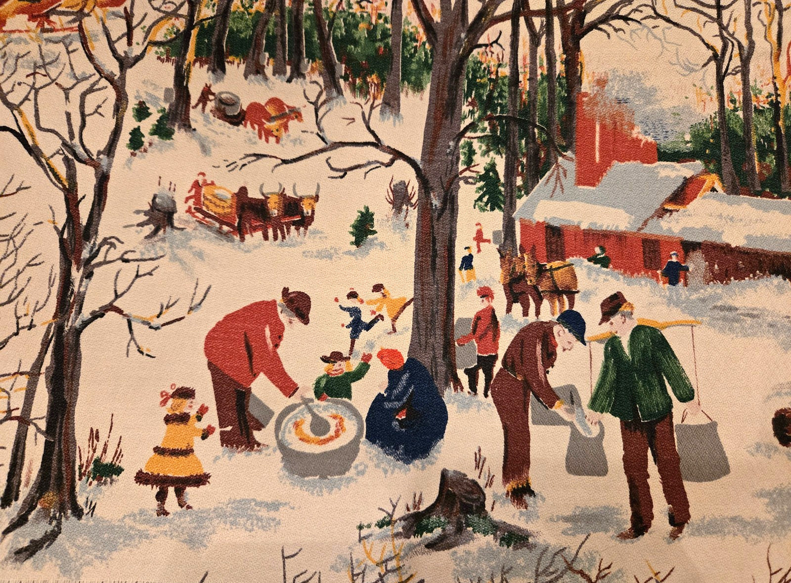1940s Grandma Moses Snow SUGARING OFF Fabric Barkcloth Excellen Vtg 47 1/2 1940s Grandma Moses Snow SUGARING OFF Fabric Barkcloth Excellen Vtg 47 1/2