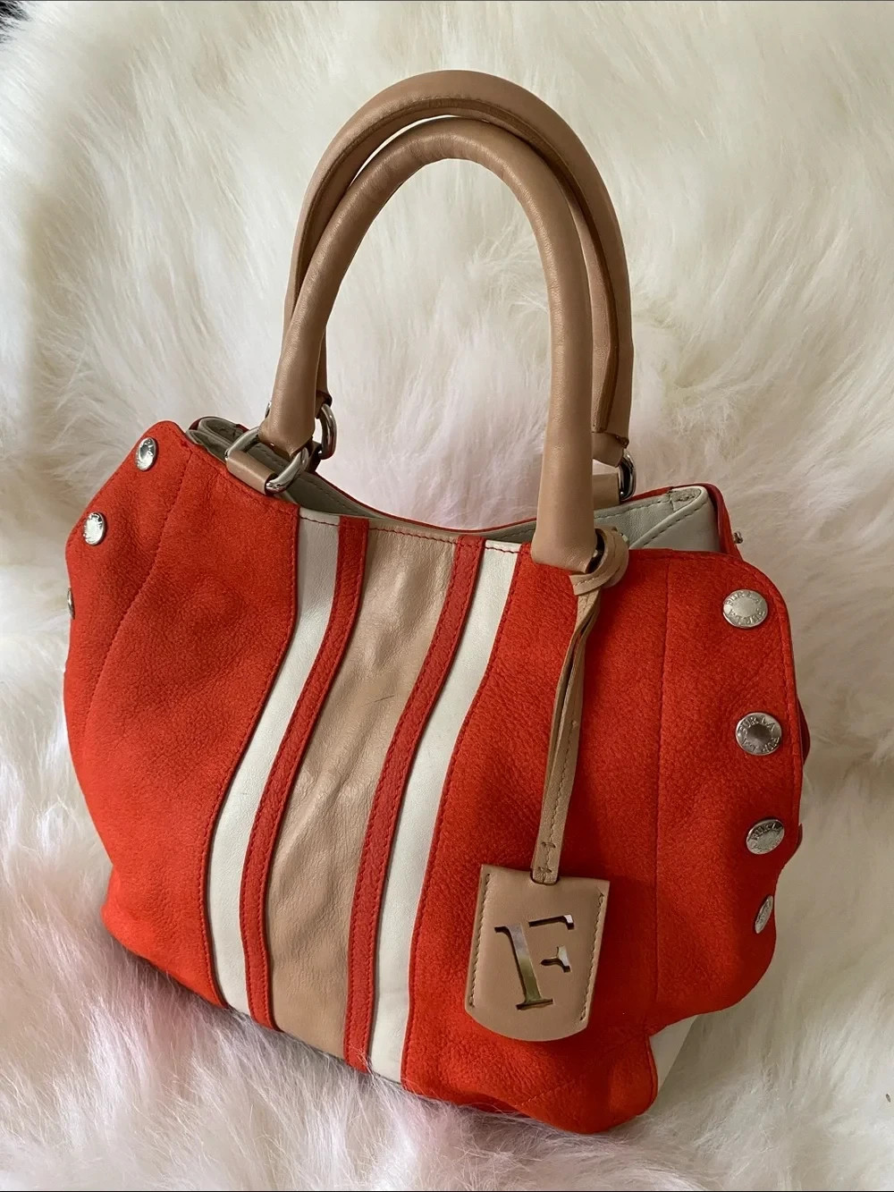 FURLA Striped Suede and Leather Royal Medium Tote Bag in Passion Fruit/ Cocoa FURLA Striped Suede and Leather Royal Medium Tote Bag in Passion Fruit/ Cocoa
