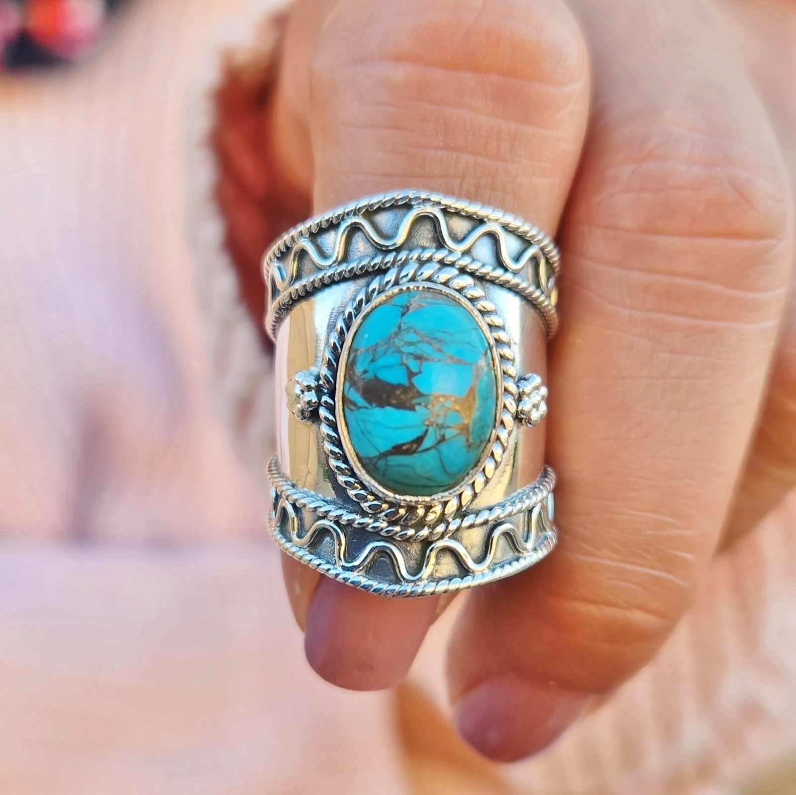 Genuine Turquoise Ring 925 Sterling Silver Boho Copper Turquoise Statement Ring Genuine Turquoise Ring 925 Sterling Silver Boho Copper Turquoise Statement Ring
