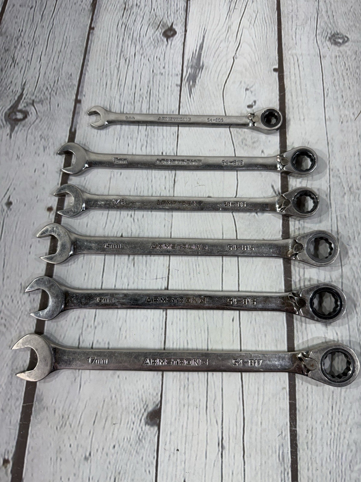 ARMSTRONG 6-Piece Reversible Ratcheting Wrenches USA Metric & SAE VGC ARMSTRONG 6-Piece Reversible Ratcheting Wrenches USA Metric & SAE VGC