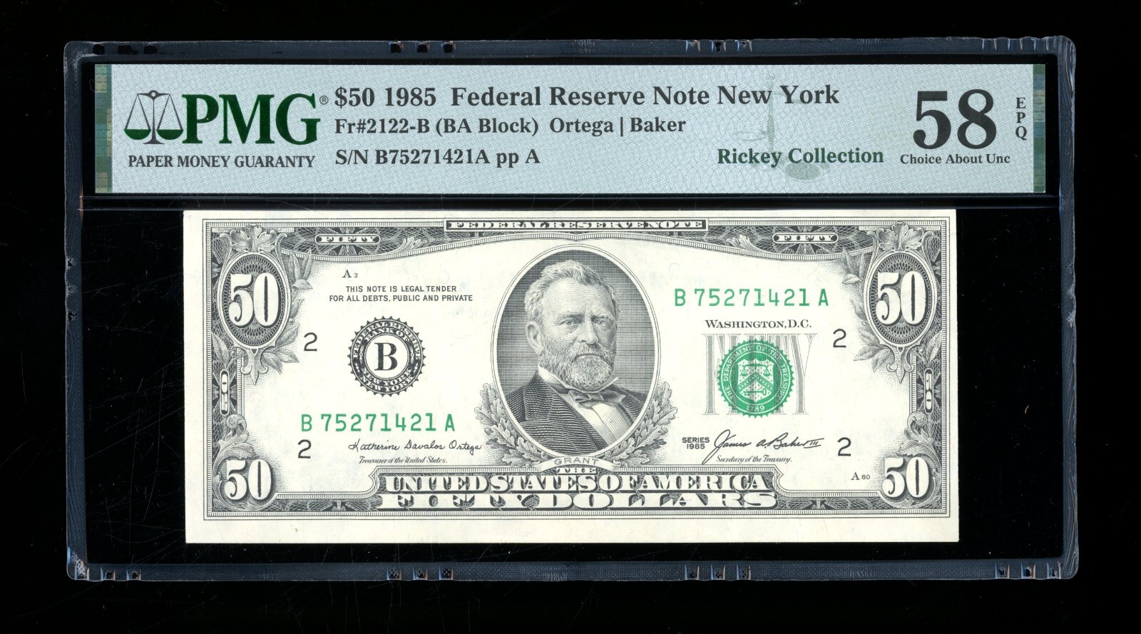 DBR 1985 $50 FRN New York Fr. 2122-B PMG 58 EPQ Serial B75271421A