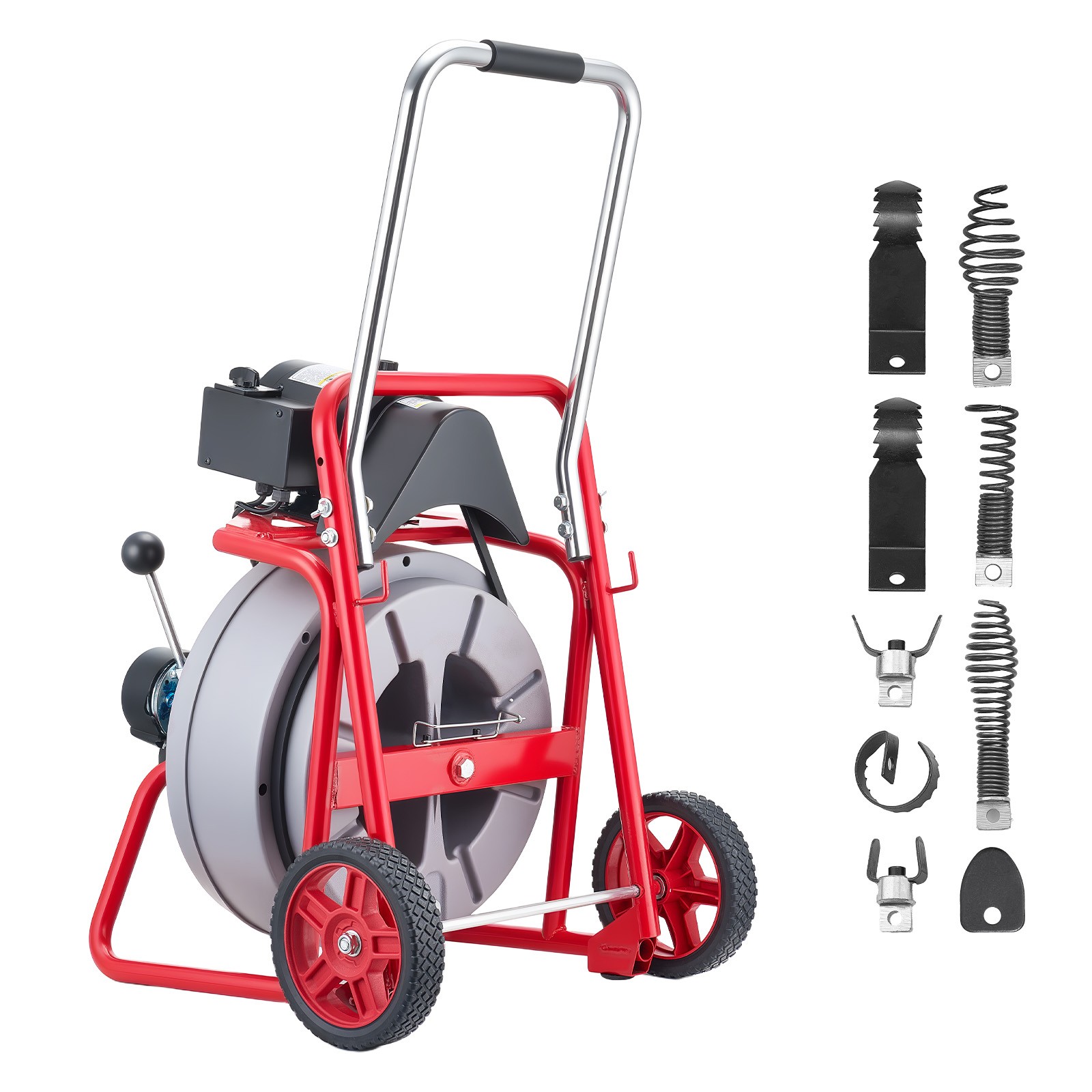 Uimoso Drain Cleaning Machine 100FT x 1/2Inch with Auto Feed, Wheels & 8 Cutters