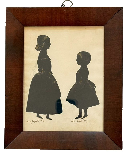 19th C. cut paper double silhouette schoolgirls signed