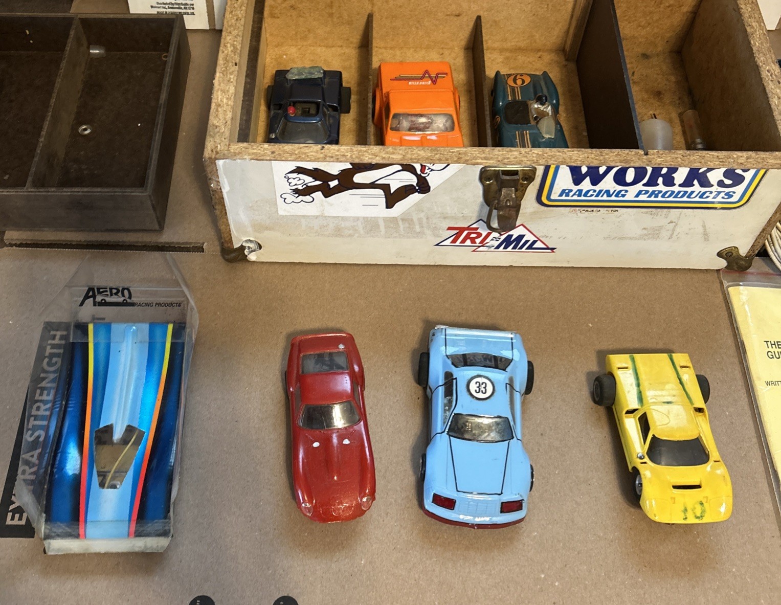 Vintage 1960s 1980s Slot Car Custom Box With Cool Stickers with 7 Cars Vintage 1960s 1980s Slot Car Custom Box With Cool Stickers with 7 Cars