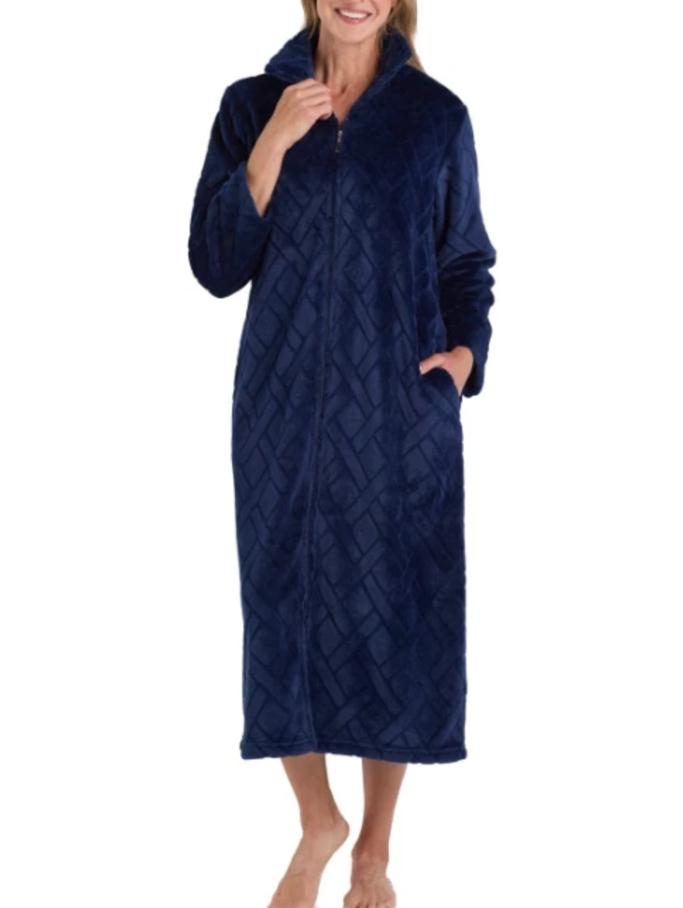 NWT Miss Elaine French Fleece Long Robe Womens Blue Front Zip Sleep Soft Cozy
