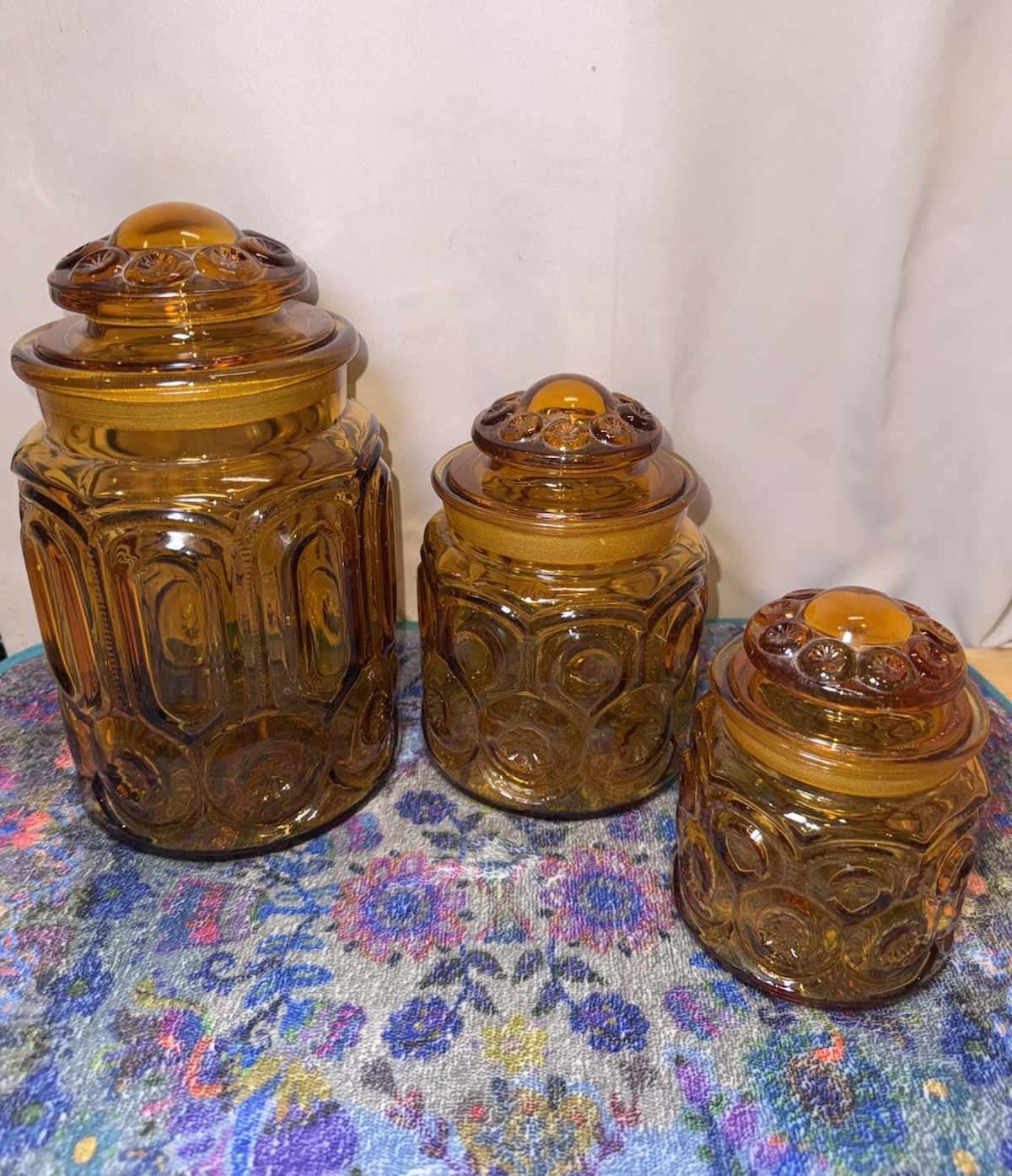 Vintage MCM L E Smith Moon & Stars Amber Glass Canisters Apothecary Jars Vintage MCM L E Smith Moon & Stars Amber Glass Canisters Apothecary Jars