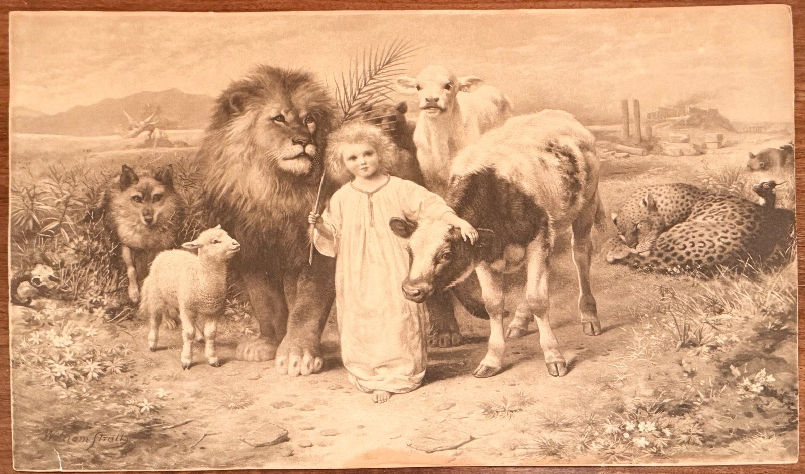 Antique 1896 sepia Photogravure Print Peace William  Child Lion Lamb Fox