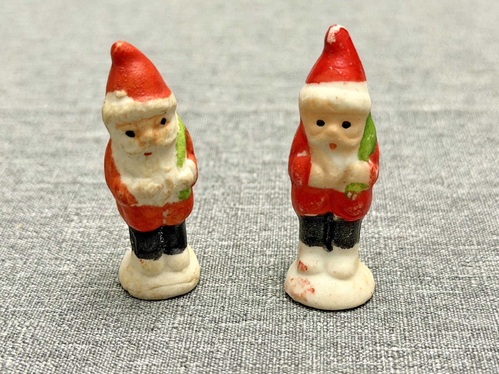 Vintage Miniature Bisque Santa Figurines with Green Bag 2 Vintage Miniature Bisque Santa Figurines with Green Bag 2