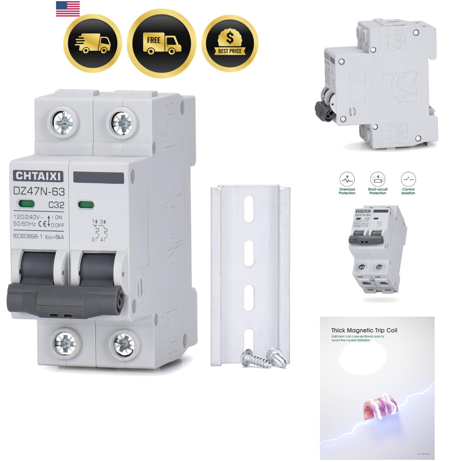 AC Miniature Circuit Breaker, 32 Amp 120V/240V 2 Pole DIN Rail Mount Circuit ... AC Miniature Circuit Breaker, 32 Amp 120V/240V 2 Pole DIN Rail Mount Circuit ...