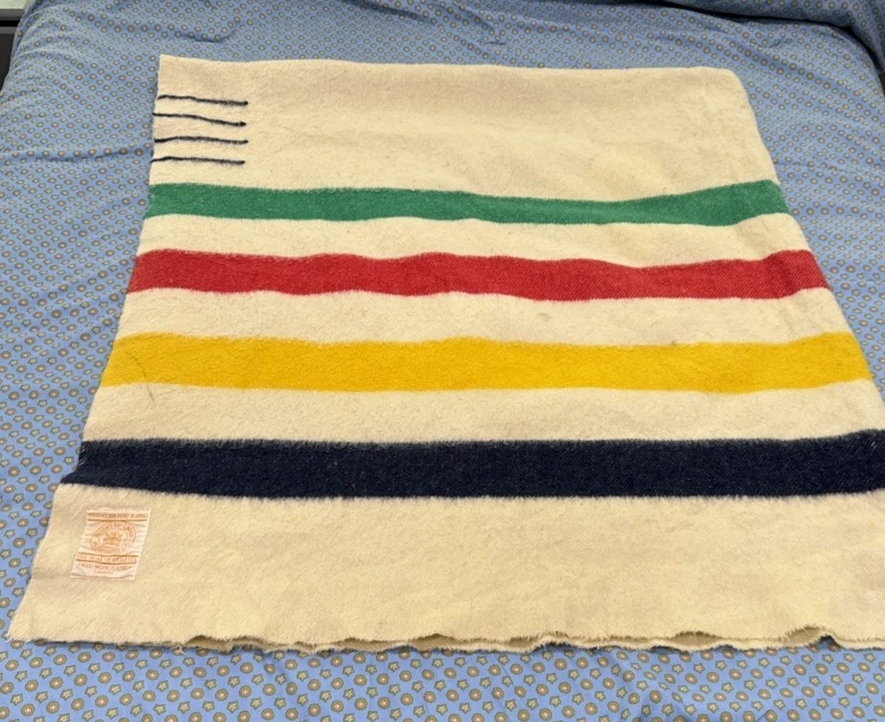 Vintage Hudson's Bay 4 Point Blanket Wool Striped Camp Beach England 86X76 Vintage Hudson's Bay 4 Point Blanket Wool Striped Camp Beach England 86X76