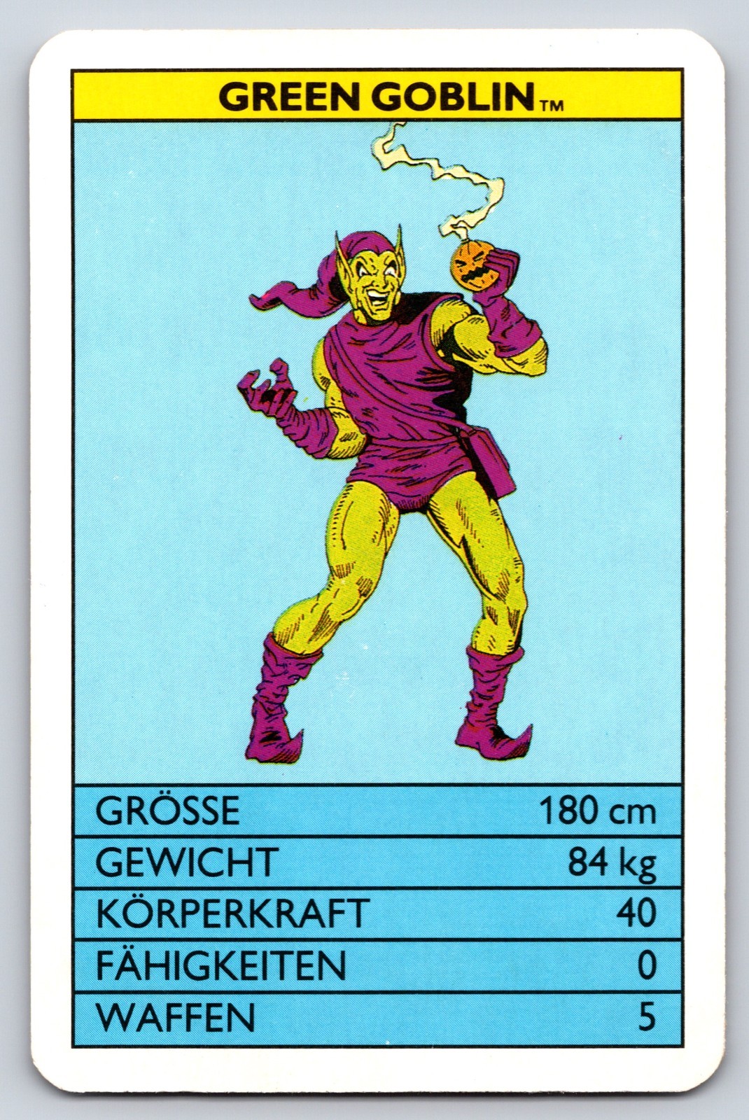 1988 Super Top Trumps Marvel Super-Villains German Edition Green Goblin EX 1988 Super Top Trumps Marvel Super-Villains German Edition Green Goblin EX