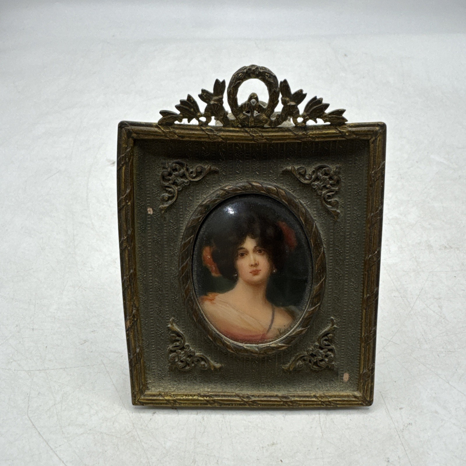 Antique Style Miniature Portrait Painting Woman, Square Ornate Brass Frame (140)