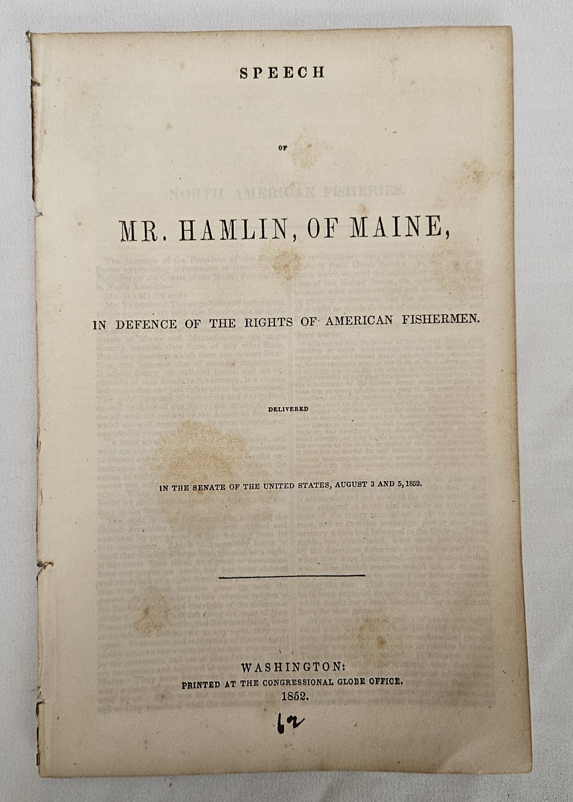 1852 Hannibal Hamlin Speech Rights of American Fishermen Lincoln VP Pamphlet