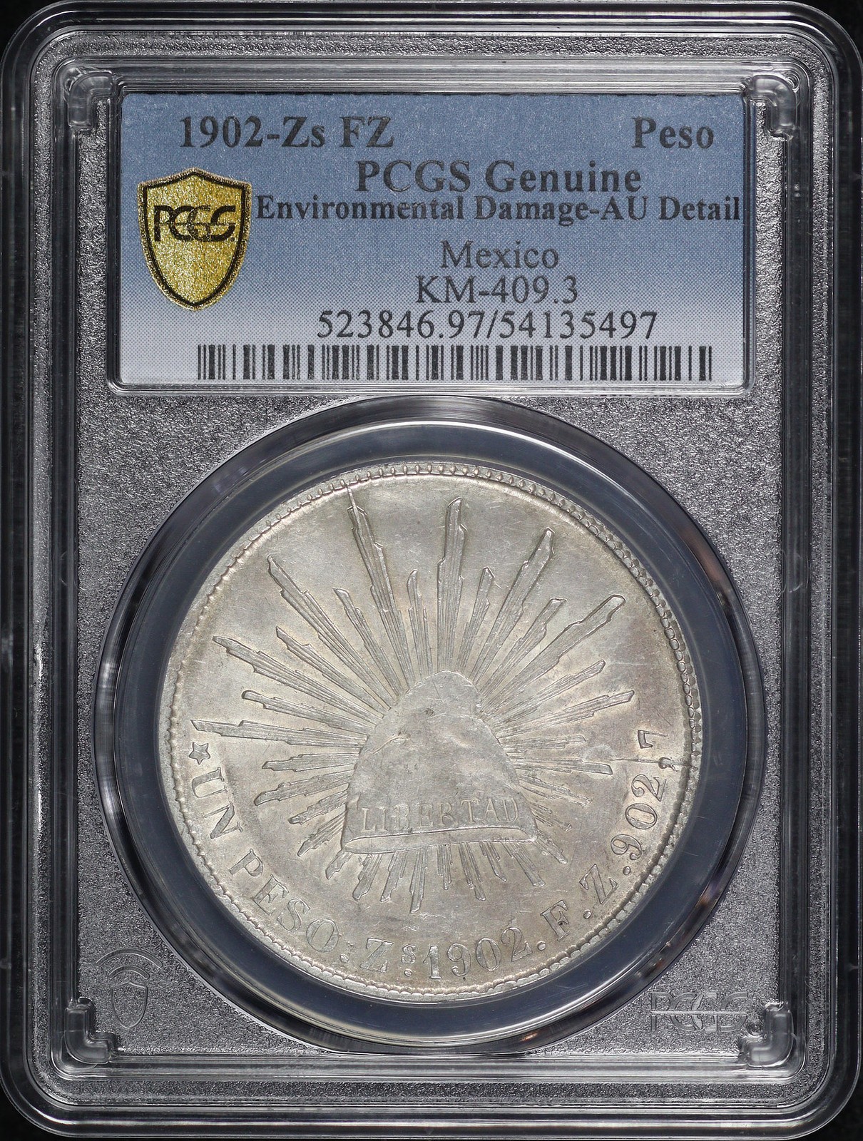 1902-Zs FZ Mexico Silver 1 Peso KM-409.3 PCGS AU Details Environmental Damage