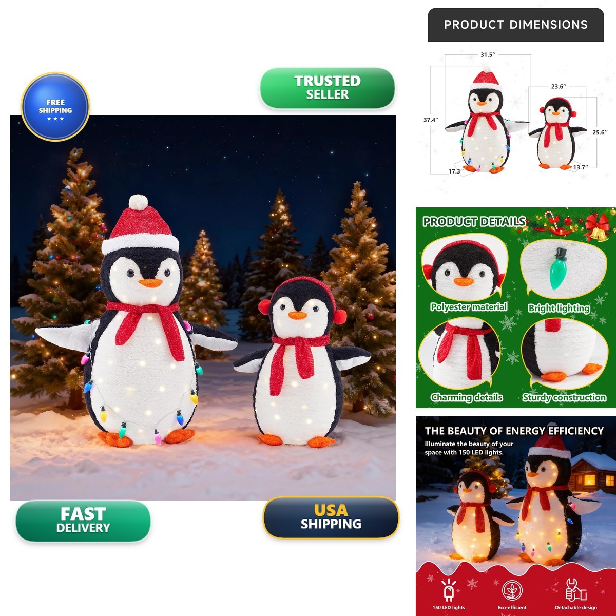 DUMOS 2-Piece Lighted Penguin Family Christmas Decoration with 150 LED Lights
