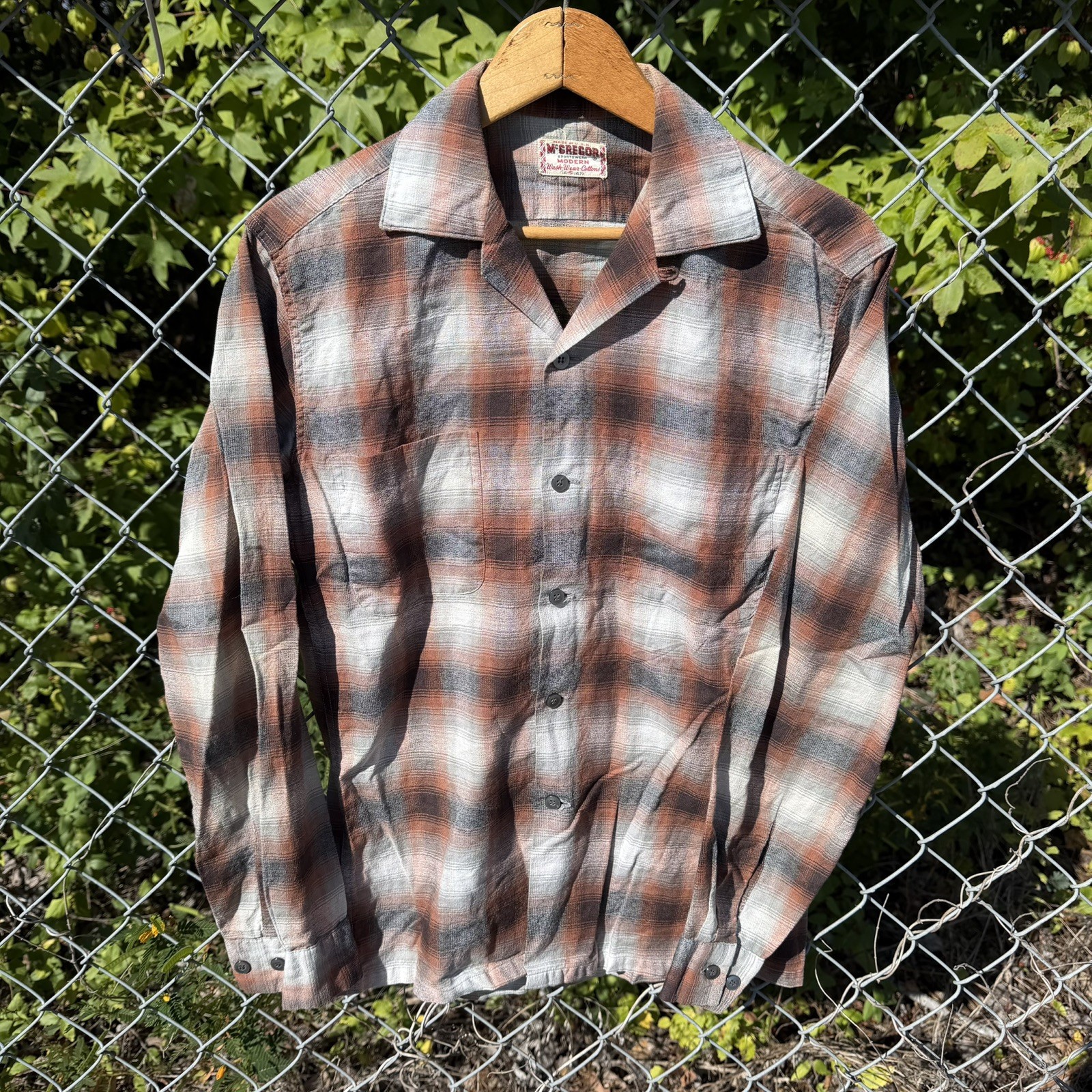 Vintage 50s Shadow Plaid Rayon Loop Collar Shirt mcgregor size s