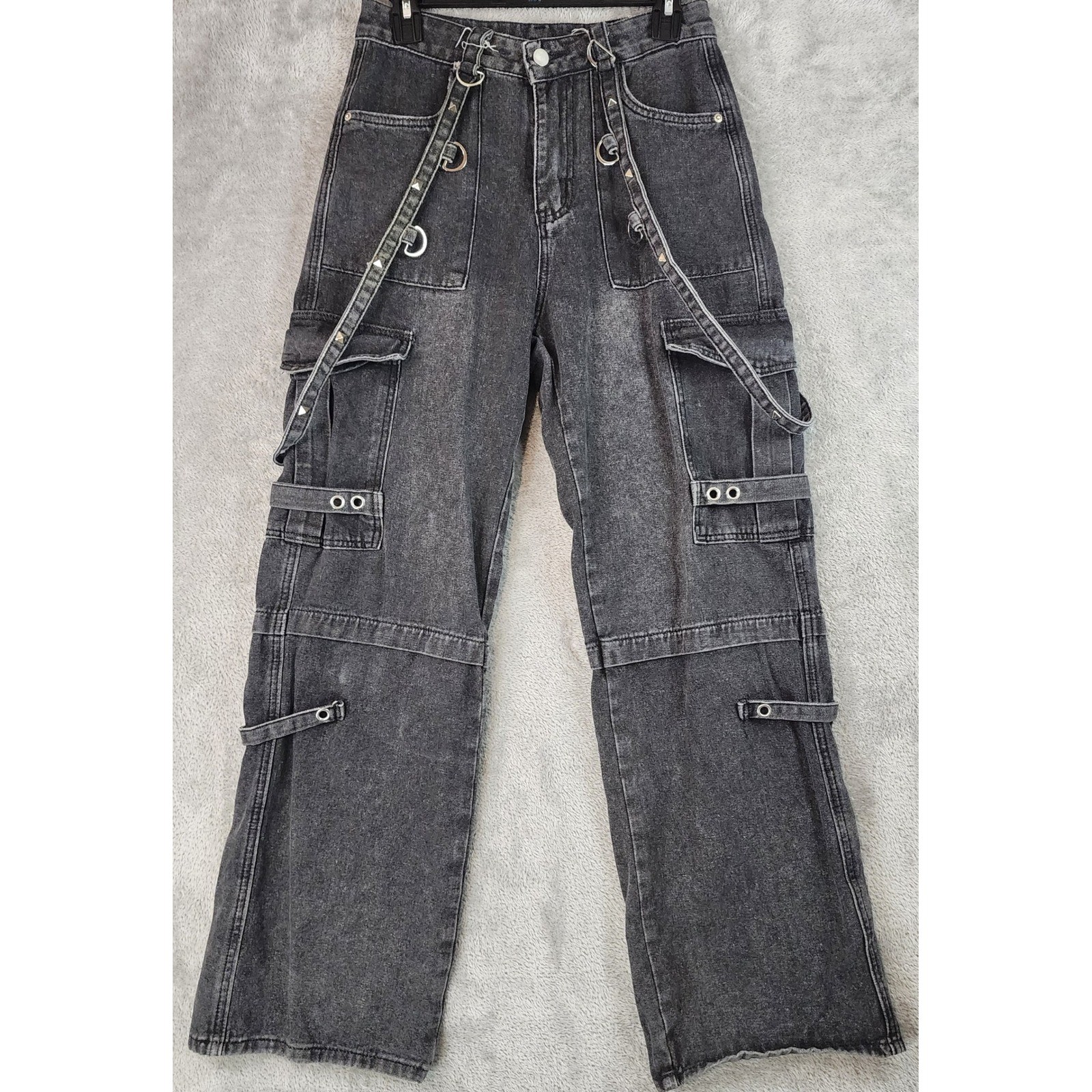 ROMWE Jeans Womens Small Black Wash Cargo Pants Strappy Detail Goth Emo Retro