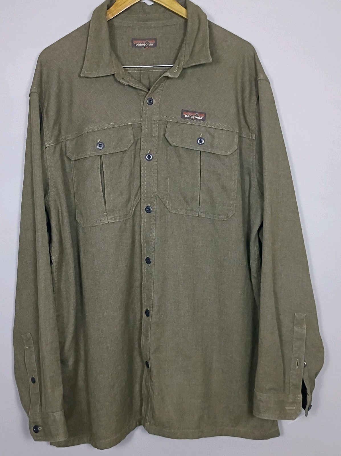 Patagonia Light Farrier\'s Shirt Men\'s XXL River Rock Green Hemp Stretch Workwear