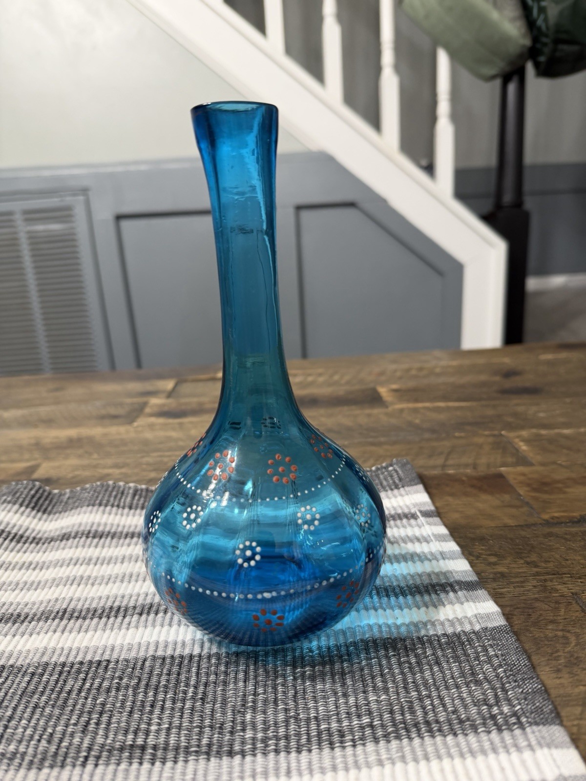 Antique Victorian Pontiled Blue Barber Bottle Vase Enameled Floral Pattern 8” Antique Victorian Pontiled Blue Barber Bottle Vase Enameled Floral Pattern 8”
