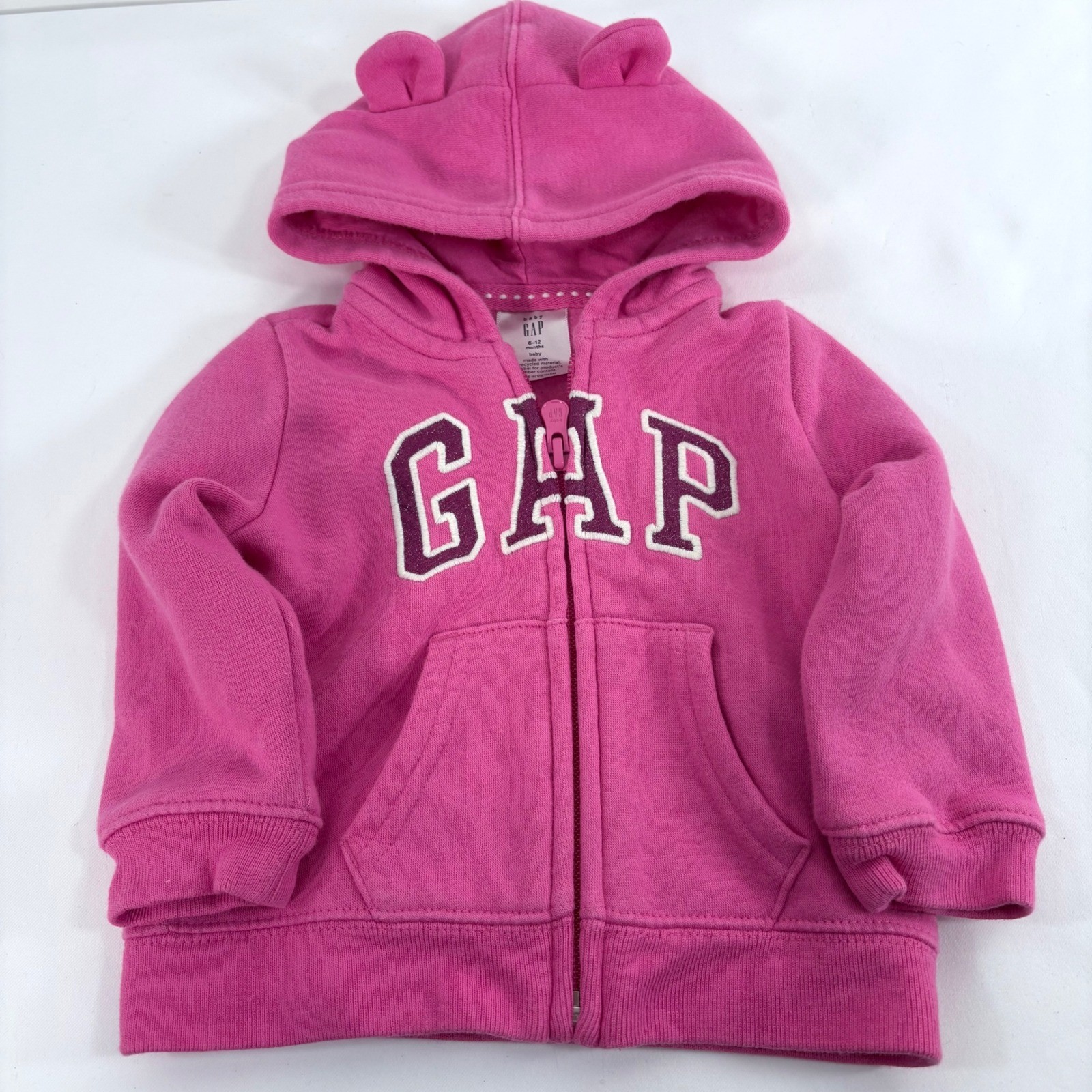 Baby Gap Hoodie Pink Bear Ears Glitter Logo Zip Up Fleece 6-12 Months