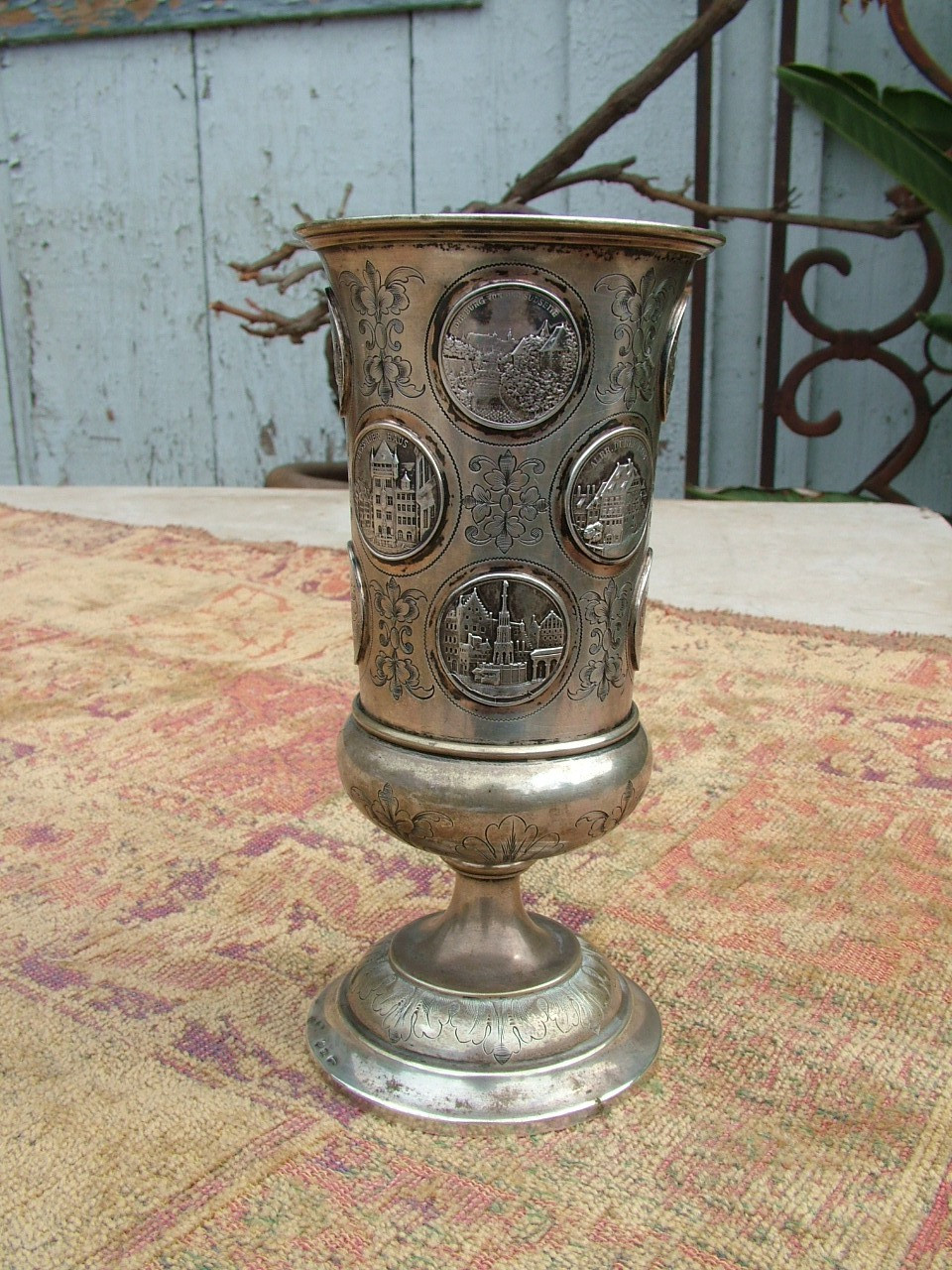 ANTIQUE c.1890 GERMAN 800 SILVER FOOTED GOBLET WITH 12 ATTACHED SILVER COINS ANTIQUE c.1890 GERMAN 800 SILVER FOOTED GOBLET WITH 12 ATTACHED SILVER COINS