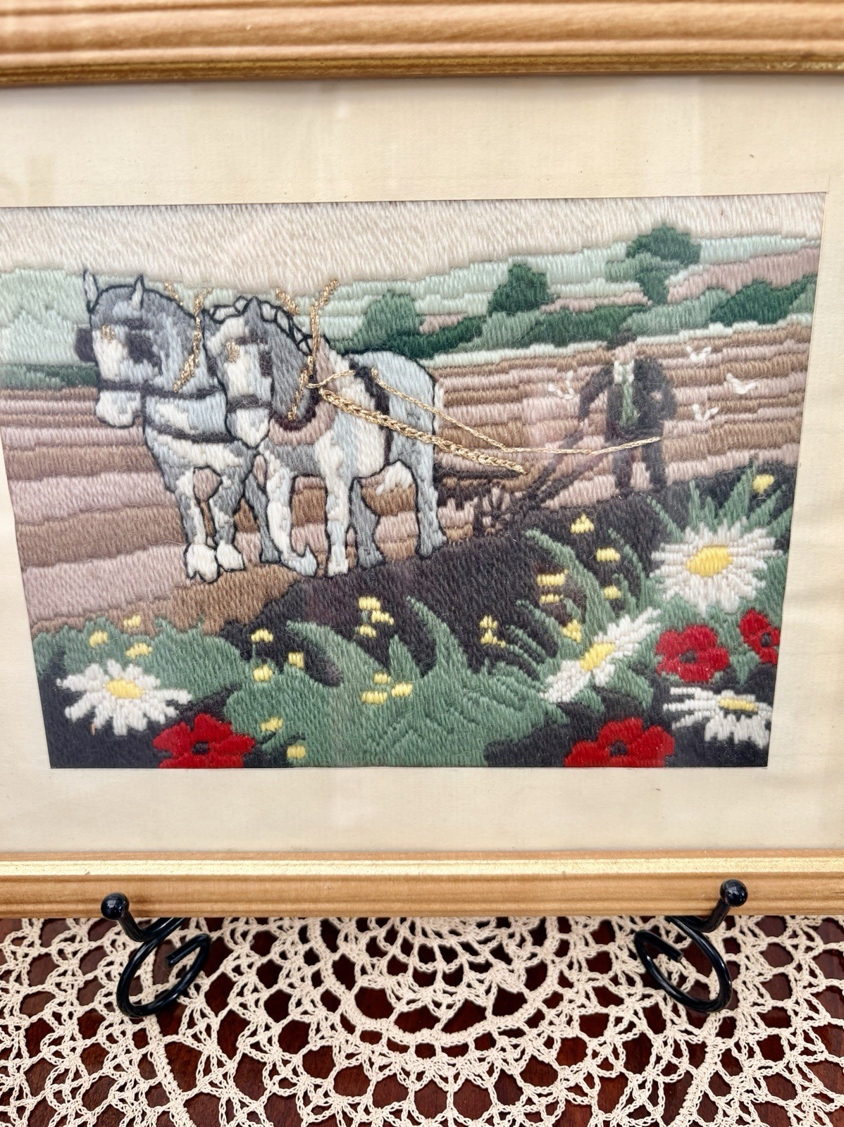 Vintage Shire Horses Ploughing Field Framed Needlepoint Tapestry Folk Art Vintage Shire Horses Ploughing Field Framed Needlepoint Tapestry Folk Art