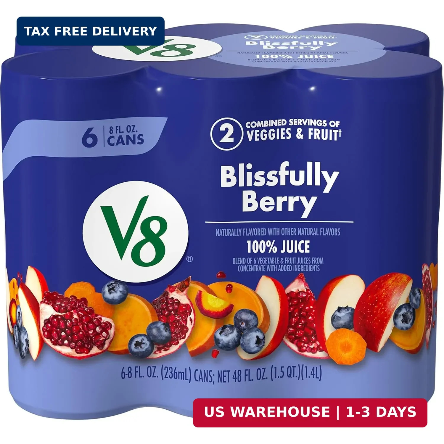 V8 Blissfully Berry 100% Fruit and Vegetable Juice, 8 fl oz Can (6 Pack)