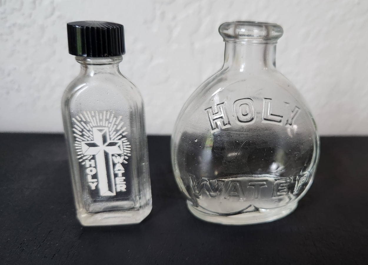 Antique VTG Holy Water Embossed Clear Glass Bottle Travel Flask Catholic 3 Antique VTG Holy Water Embossed Clear Glass Bottle Travel Flask Catholic 3
