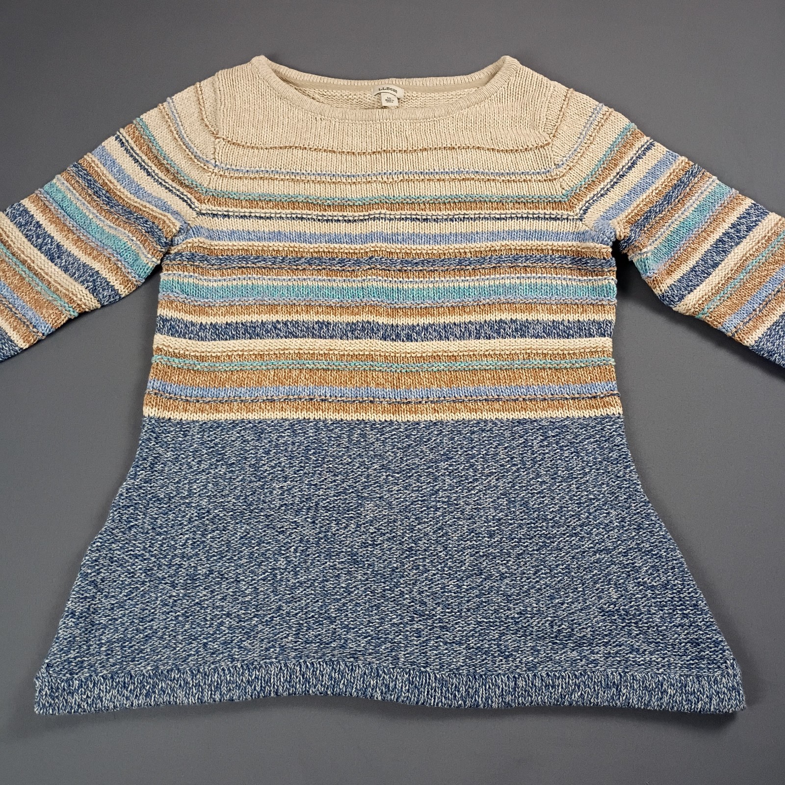 L.L. Bean Womens M Cotton Slub Rollneck Striped Pullover Knit Sweater Blue Cream L.L. Bean Womens M Cotton Slub Rollneck Striped Pullover Knit Sweater Blue Cream