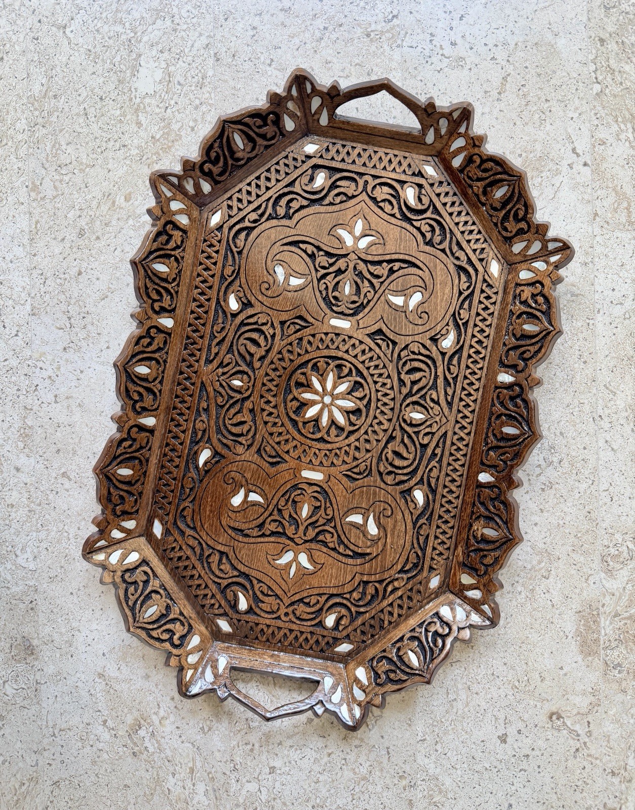 Handcrafted Wooden Tray with Mother-of-Pearl Inlay